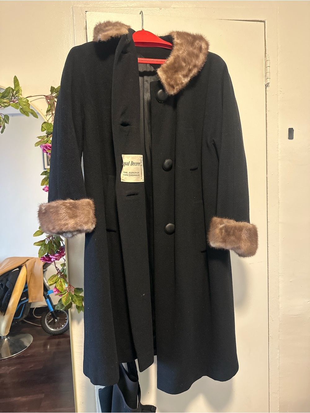 Classic Black Wool Coat with Brown Faux-Fur Trim